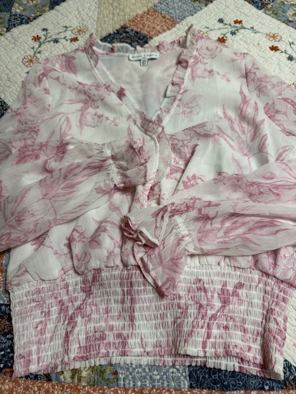 Maison d’ Amelie Paris Sheer White lined  Blouse with Pink Floral Ruffle Trim